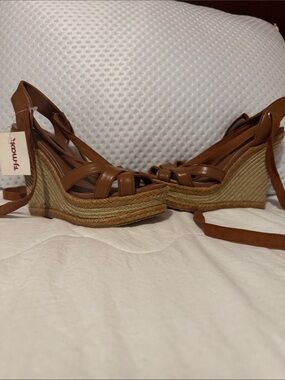 T.J.Maxx Tan Braided Espadrille Wedge Sandals with Ankle Wrap